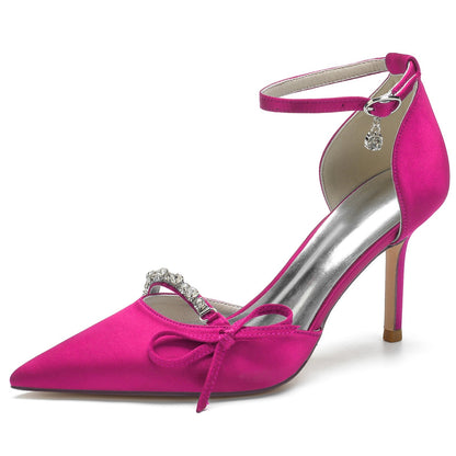 Chaussures de Soirée à Talon Aiguille et Bout Fermé En Satin de Soie avec Bride à la Cheville et Strass pour Femmes