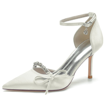 Chaussures de Soirée à Talon Aiguille et Bout Fermé En Satin de Soie avec Bride à la Cheville et Strass pour Femmes