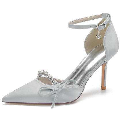 Chaussures de Soirée à Talon Aiguille et Bout Fermé En Satin de Soie avec Bride à la Cheville et Strass pour Femmes