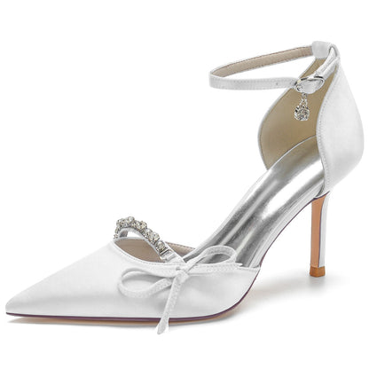 Chaussures de Soirée à Talon Aiguille et Bout Fermé En Satin de Soie avec Bride à la Cheville et Strass pour Femmes