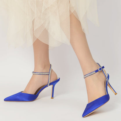 Chaussures de Soirée à Talon Aiguille et Bout Fermé En Satin de Soie pour Femmes avec Bride à la Cheville En Strass