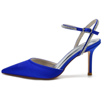 Chaussures de Soirée à Talon Aiguille et Bout Fermé En Satin de Soie pour Femmes avec Bride à la Cheville En Strass