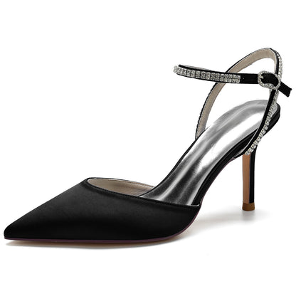 Chaussures de Soirée à Talon Aiguille et Bout Fermé En Satin de Soie pour Femmes avec Bride à la Cheville En Strass