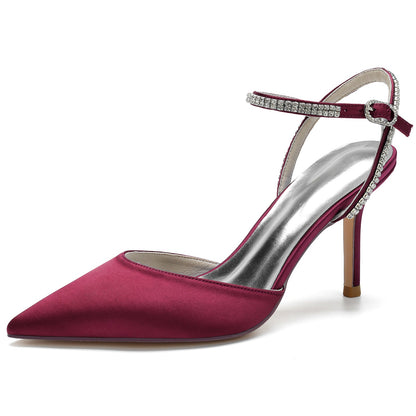 Chaussures de Soirée à Talon Aiguille et Bout Fermé En Satin de Soie pour Femmes avec Bride à la Cheville En Strass