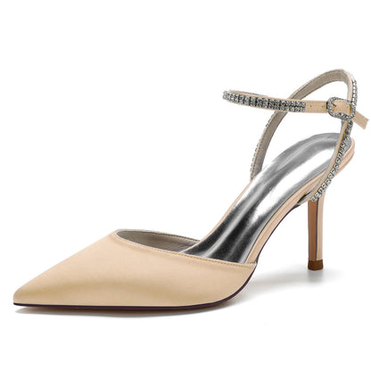 Chaussures de Soirée à Talon Aiguille et Bout Fermé En Satin de Soie pour Femmes avec Bride à la Cheville En Strass