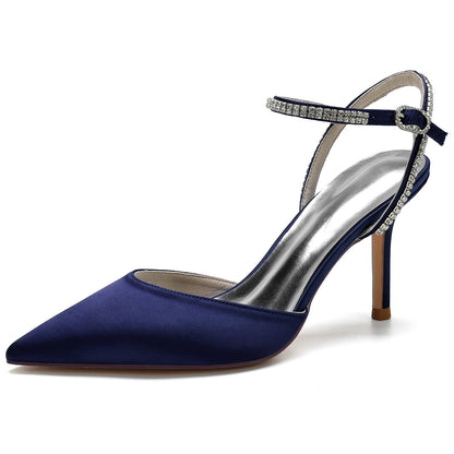 Chaussures de Soirée à Talon Aiguille et Bout Fermé En Satin de Soie pour Femmes avec Bride à la Cheville En Strass