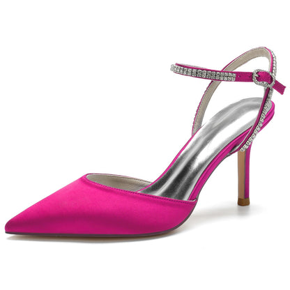 Chaussures de Soirée à Talon Aiguille et Bout Fermé En Satin de Soie pour Femmes avec Bride à la Cheville En Strass