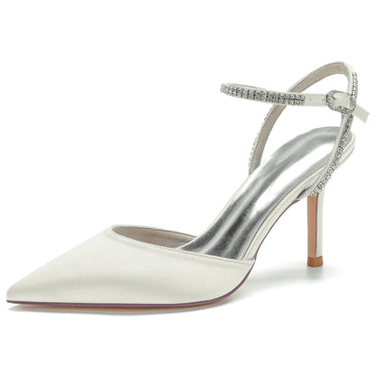 Chaussures de Soirée à Talon Aiguille et Bout Fermé En Satin de Soie pour Femmes avec Bride à la Cheville En Strass