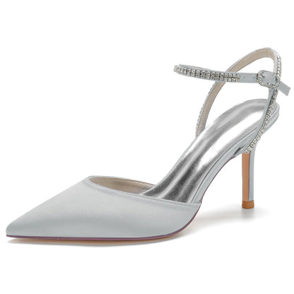 Chaussures de Soirée à Talon Aiguille et Bout Fermé En Satin de Soie pour Femmes avec Bride à la Cheville En Strass