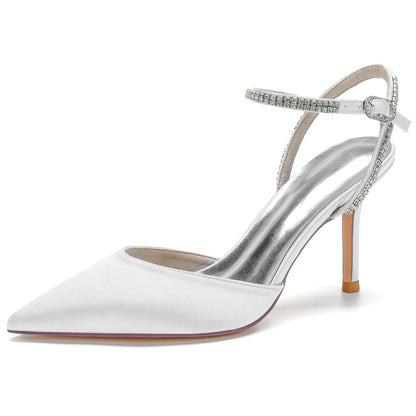 Chaussures de Soirée à Talon Aiguille et Bout Fermé En Satin de Soie pour Femmes avec Bride à la Cheville En Strass