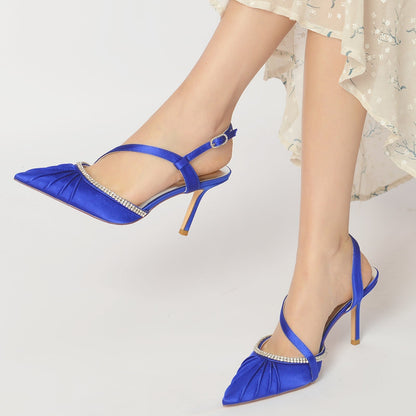 Chaussures de Soirée à Talon Aiguille et Bout Fermé En Satin de Soie et Strass pour Femmes