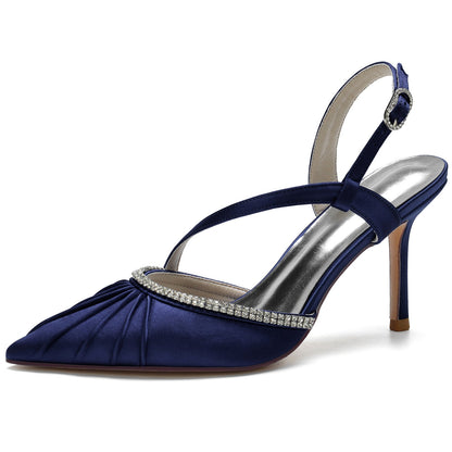Chaussures de Soirée à Talon Aiguille et Bout Fermé En Satin de Soie et Strass pour Femmes