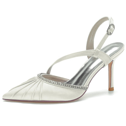 Chaussures de Soirée à Talon Aiguille et Bout Fermé En Satin de Soie et Strass pour Femmes