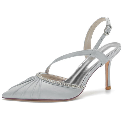 Chaussures de Soirée à Talon Aiguille et Bout Fermé En Satin de Soie et Strass pour Femmes