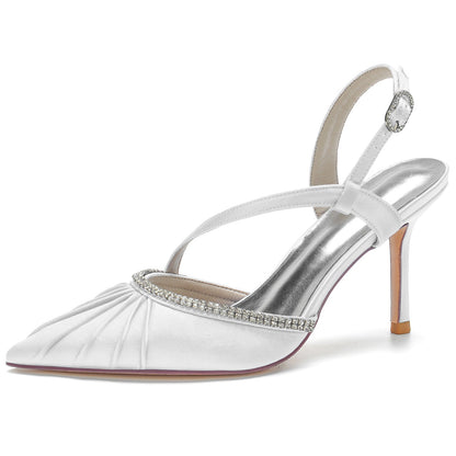Chaussures de Soirée à Talon Aiguille et Bout Fermé En Satin de Soie et Strass pour Femmes