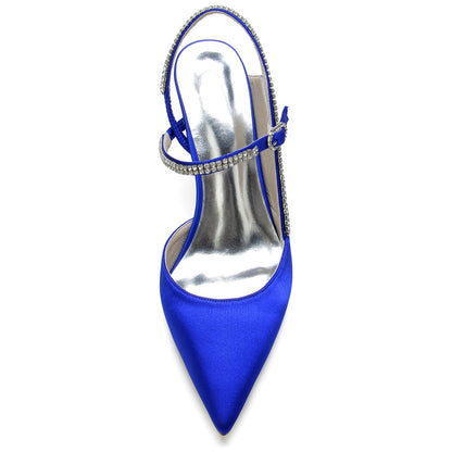 Chaussures de Mariage à Bout Fermé En Satin de Soie avec Bride à la Cheville et Strass pour Femmes