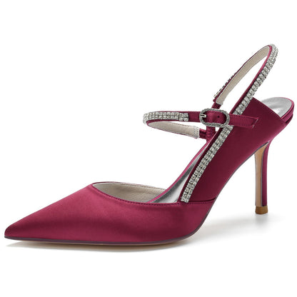Chaussures de Mariage à Bout Fermé En Satin de Soie avec Bride à la Cheville et Strass pour Femmes