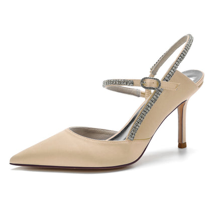 Chaussures de Mariage à Bout Fermé En Satin de Soie avec Bride à la Cheville et Strass pour Femmes