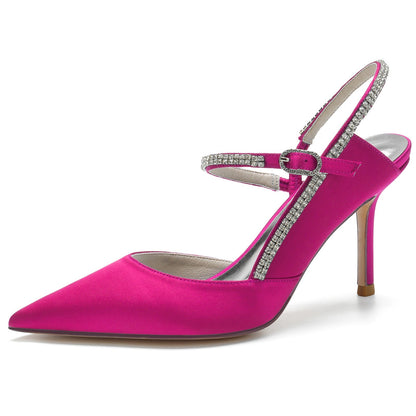 Chaussures de Mariage à Bout Fermé En Satin de Soie avec Bride à la Cheville et Strass pour Femmes