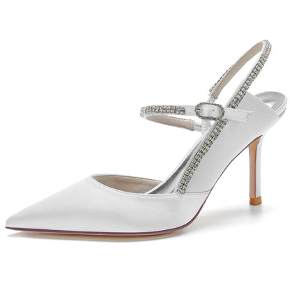 Chaussures de Mariage à Bout Fermé En Satin de Soie avec Bride à la Cheville et Strass pour Femmes