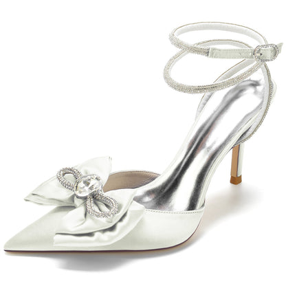 Chaussures de Mariage à Talon Aiguille et Nœud Papillon En Satin de Soie pour Femmes Bout Fermé