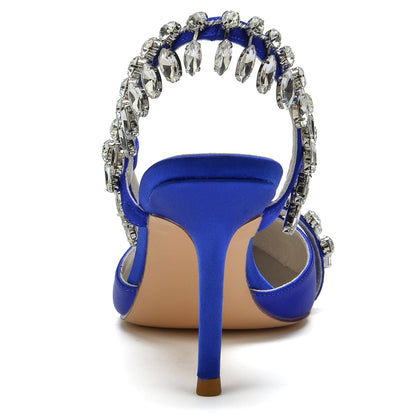 Chaussures de Soirée à Talon Aiguille et Bout Fermé En Satin de Soie pour Femmes avec Pompon En Strass