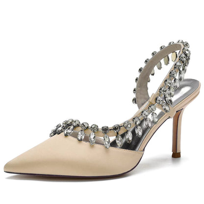 Chaussures de Soirée à Talon Aiguille et Bout Fermé En Satin de Soie pour Femmes avec Pompon En Strass