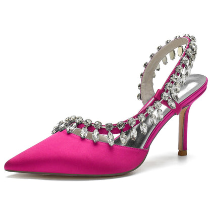 Chaussures de Soirée à Talon Aiguille et Bout Fermé En Satin de Soie pour Femmes avec Pompon En Strass