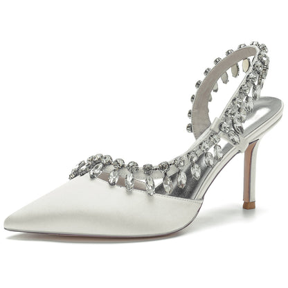 Chaussures de Soirée à Talon Aiguille et Bout Fermé En Satin de Soie pour Femmes avec Pompon En Strass