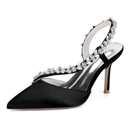 Chaussures de Soirée à Talon Aiguille et Bout Fermé en Satin de Soie et Strass Pour Femmes