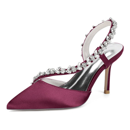 Chaussures de Soirée à Talon Aiguille et Bout Fermé en Satin de Soie et Strass Pour Femmes