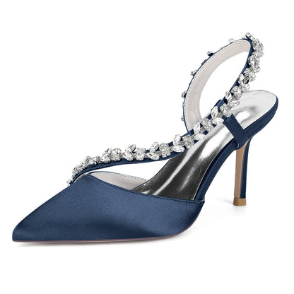 Chaussures de Soirée à Talon Aiguille et Bout Fermé en Satin de Soie et Strass Pour Femmes