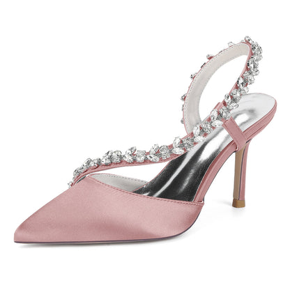 Chaussures de Soirée à Talon Aiguille et Bout Fermé en Satin de Soie et Strass Pour Femmes