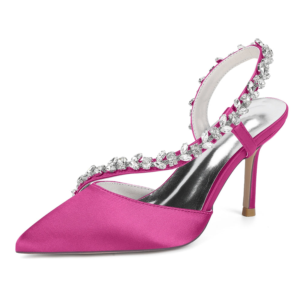 Chaussures de Soirée à Talon Aiguille et Bout Fermé en Satin de Soie et Strass Pour Femmes