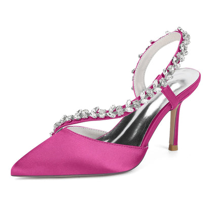 Chaussures de Soirée à Talon Aiguille et Bout Fermé en Satin de Soie et Strass Pour Femmes