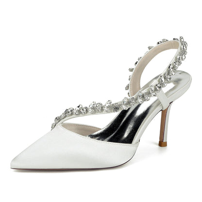 Chaussures de Soirée à Talon Aiguille et Bout Fermé en Satin de Soie et Strass Pour Femmes