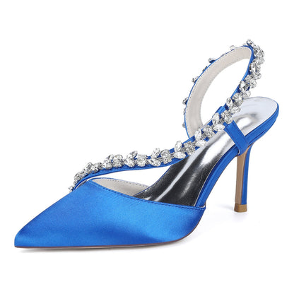 Chaussures de Soirée à Talon Aiguille et Bout Fermé en Satin de Soie et Strass Pour Femmes