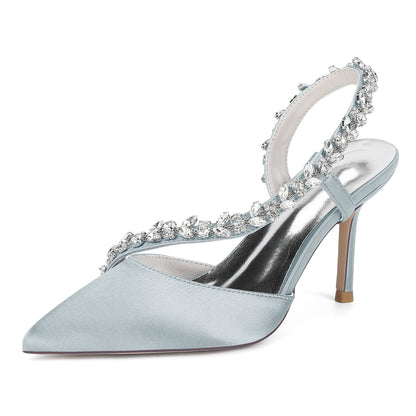 Chaussures de Soirée à Talon Aiguille et Bout Fermé en Satin de Soie et Strass Pour Femmes