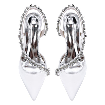 Chaussures de Soirée à Talon Aiguille et Bout Fermé en Satin de Soie et Strass Pour Femmes