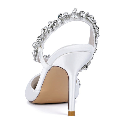 Chaussures de Soirée à Talon Aiguille et Bout Fermé en Satin de Soie et Strass Pour Femmes