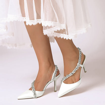 Chaussures de Soirée à Talon Aiguille et Bout Fermé en Satin de Soie et Strass Pour Femmes