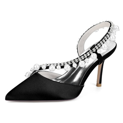 Chaussures de Soirée à Talon Aiguille et Bout Fermé en Satin de Soie et Perles Pour Femmes