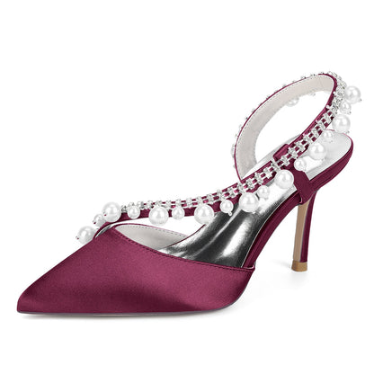 Chaussures de Soirée à Talon Aiguille et Bout Fermé en Satin de Soie et Perles Pour Femmes