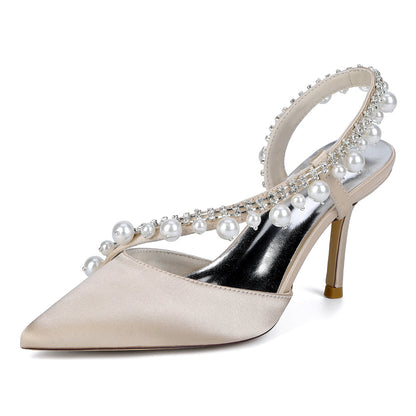 Chaussures de Soirée à Talon Aiguille et Bout Fermé en Satin de Soie et Perles Pour Femmes