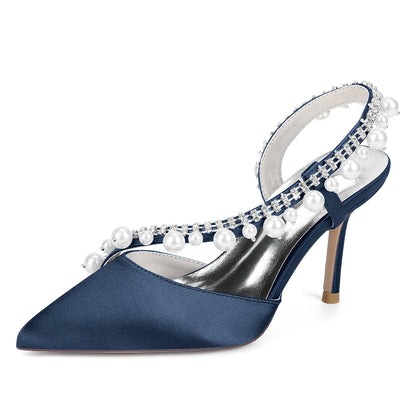 Chaussures de Soirée à Talon Aiguille et Bout Fermé en Satin de Soie et Perles Pour Femmes