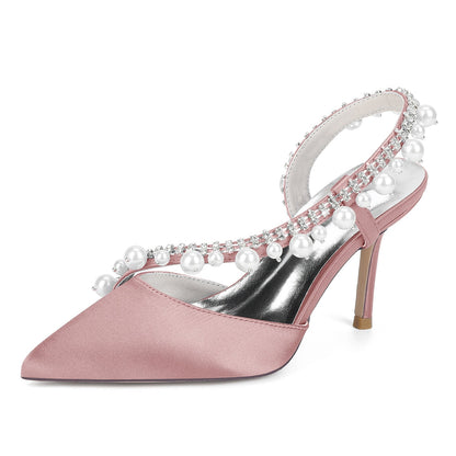 Chaussures de Soirée à Talon Aiguille et Bout Fermé en Satin de Soie et Perles Pour Femmes