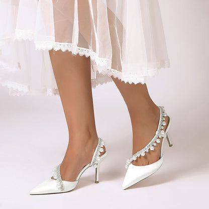 Chaussures de Soirée à Talon Aiguille et Bout Fermé en Satin de Soie et Perles Pour Femmes