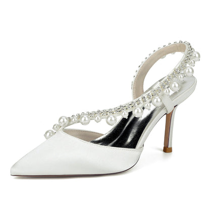 Chaussures de Soirée à Talon Aiguille et Bout Fermé en Satin de Soie et Perles Pour Femmes