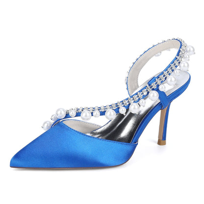Chaussures de Soirée à Talon Aiguille et Bout Fermé en Satin de Soie et Perles Pour Femmes