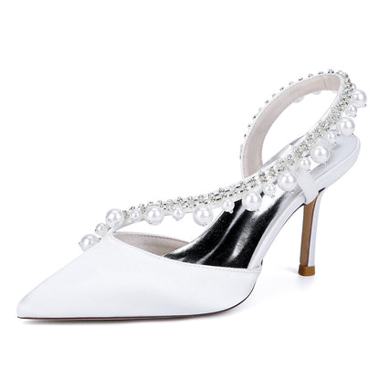 Chaussures de Soirée à Talon Aiguille et Bout Fermé en Satin de Soie et Perles Pour Femmes